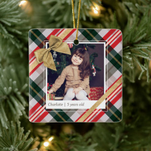 Candy Cane Plaid Wrapping & Gold Bow Present Photo Ceramic Ornament