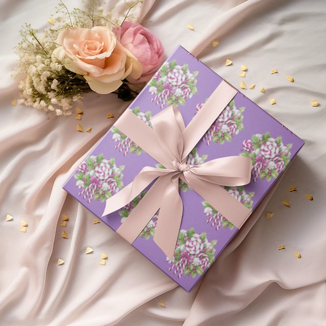 Candy Cane Purple and Pink Christmas  Wrapping Paper (Candy canes and greenery adorn this purple background gift wrap.)