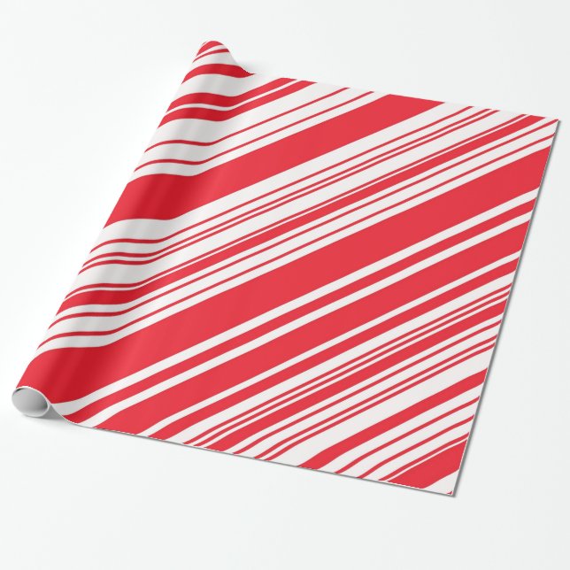 Candy Cane Red and White Diagonal Multi Stripes Wrapping Paper (Unrolled)