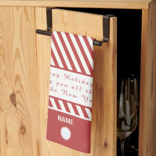 CANDY CANE RED AND WHITE HAPPY HOLIDAYS LOGO GIFT TEA TOWEL