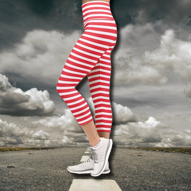 Candy Cane Red and White Simple Horizontal Striped Capri Leggings (Creator Uploaded)