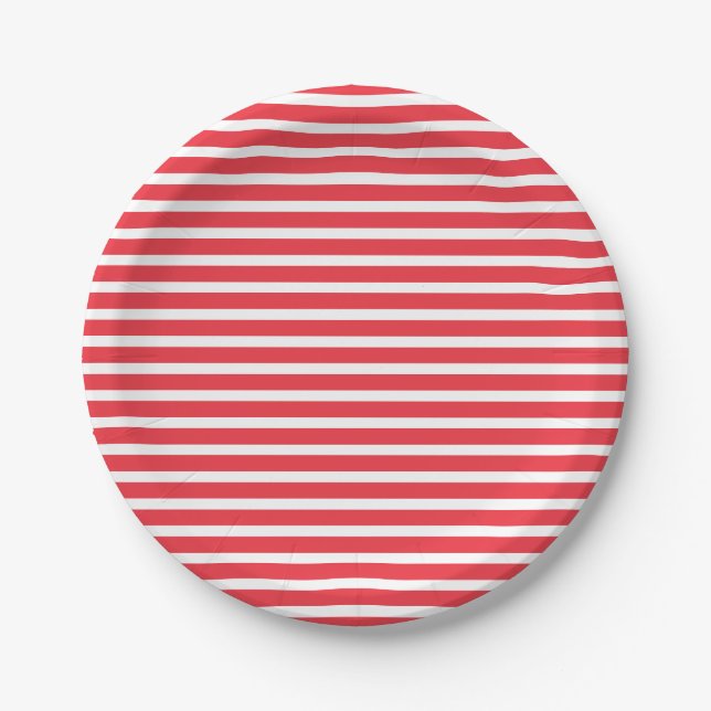Candy Cane Red and White Simple Horizontal Striped Paper Plate (Front)
