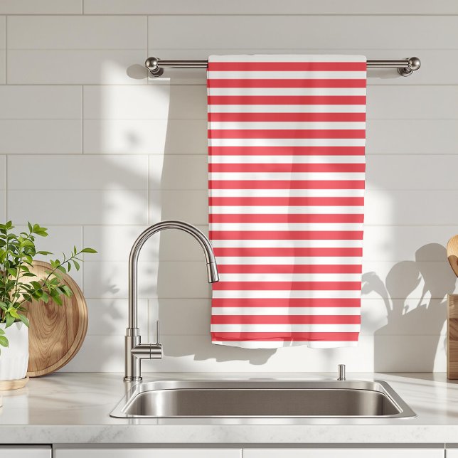 Candy Cane Red and White Simple Horizontal Striped Tea Towel (Creator Uploaded)