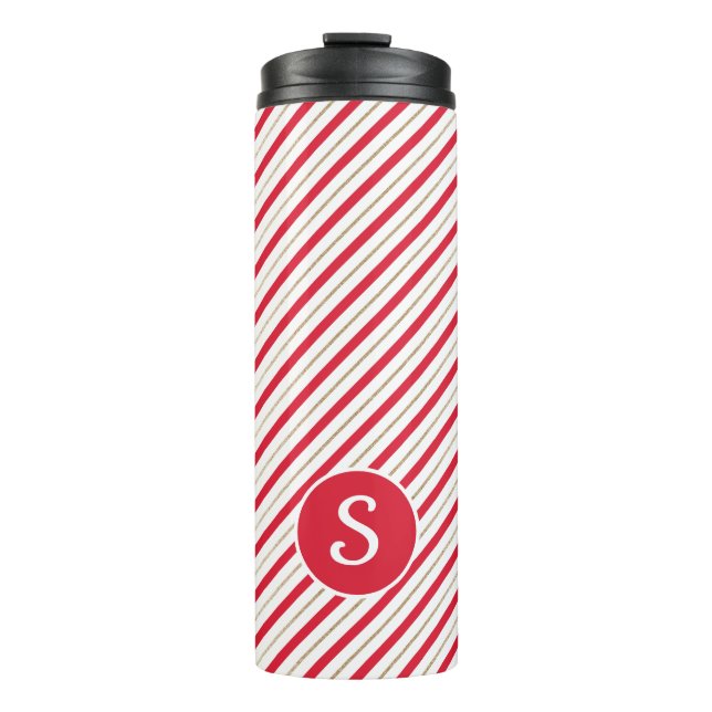 Candy Cane Red Faux Gold Stripes Monogram Letter Thermal Tumbler (Front)
