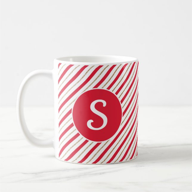 Candy Cane Red Faux Gold Stripes Monogram Mug (Left)