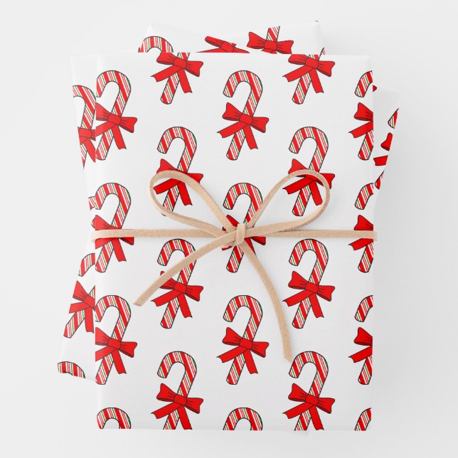 Candy Cane Red Ribbons Drawings Christmas Wrapping Paper Sheet (In situ)