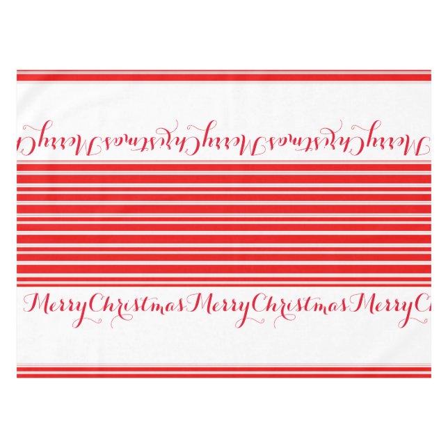 Candy Cane Red & White Striped Merry Christmas Tablecloth (Front (Horizontal))