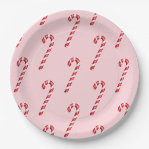 Candy cane red white stripes on pink watercolor paper plate