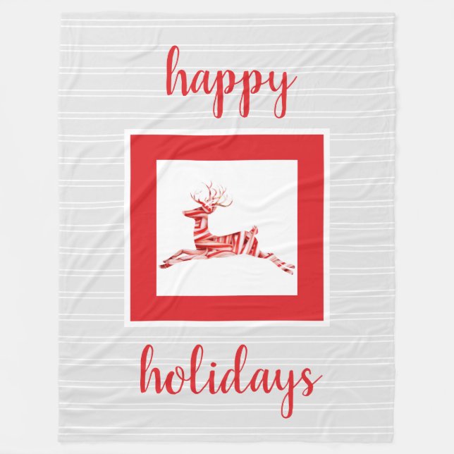 Candy Cane Reindeer, Festive Holiday Fleece Blanket (Front)