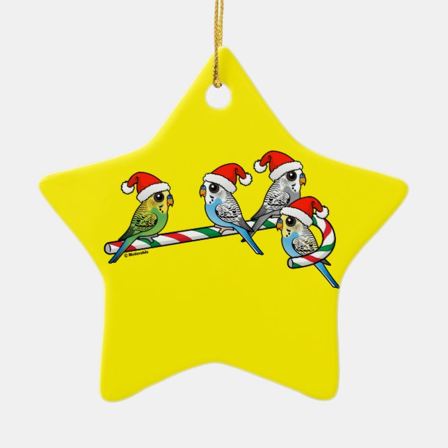 Candy Cane Santa Budgies Ceramic Tree Decoration (Front)