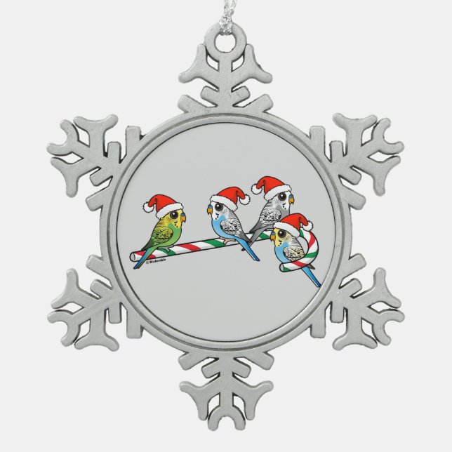Candy Cane Santa Budgies Snowflake Pewter Christmas Ornament (Front)