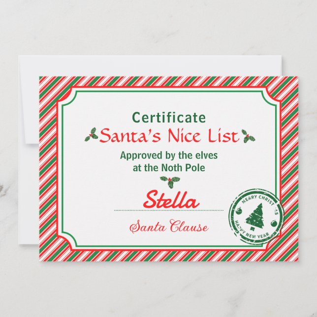 Candy Cane Santa's Nice List Certificate Christmas Invitation (Front)