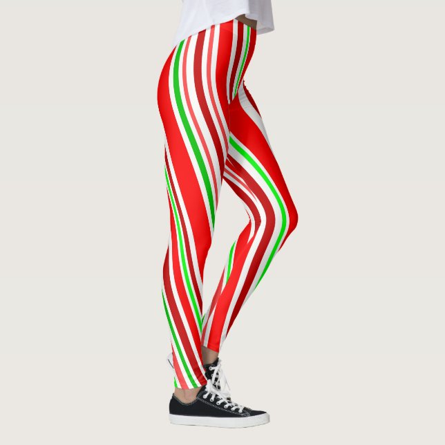 Candy Cane Slimming Spiral Stripes Red White Green Leggings (Right)