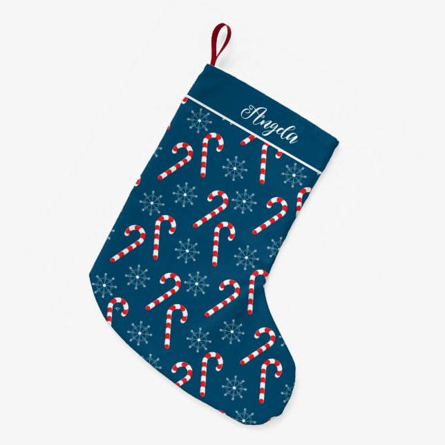 Candy Cane Snowflake Ocean Blue Christmas Stocking (Front (Hanging))
