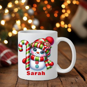 Candy Cane Snowman Christmas  Custom Name Coffee Mug