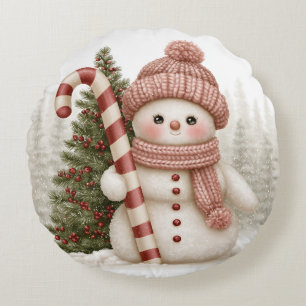 Candy Cane Snowman Round Cushion