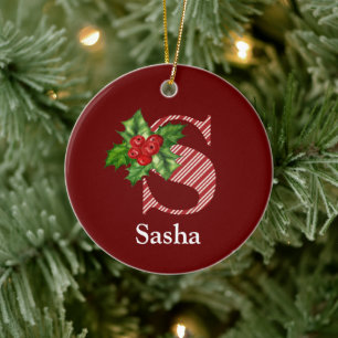 Candy Cane Stripe and Holly S Monogram   Ceramic Tree Decoration