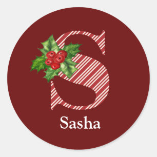 Candy Cane Stripe and Holly S Monogram  Classic Round Sticker