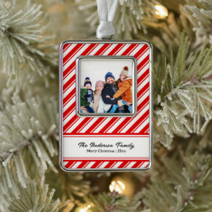 Candy Cane Stripe Custom Family Photo Silver Plated Framed Ornament