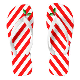 Candy Cane Stripe & Holly Sprig Holiday Flip Flops