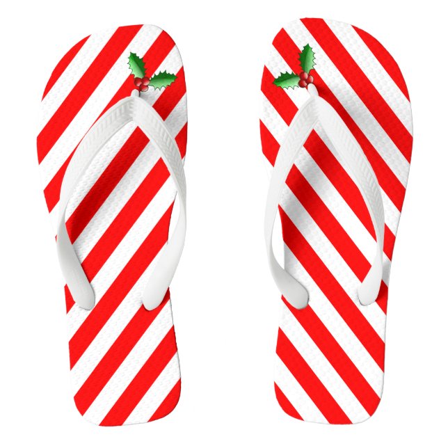 Candy Cane Stripe & Holly Sprig Holiday Flip Flops (Footbed)