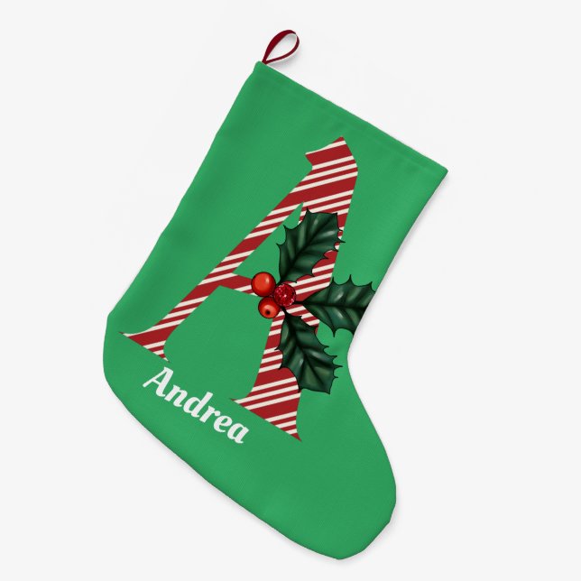 Candy Cane Stripe Letter A Large Christmas Stocking (Front (Hanging))