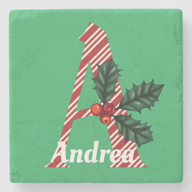 Candy Cane Stripe Letter A Large Christmas  Stone Coaster (Front)