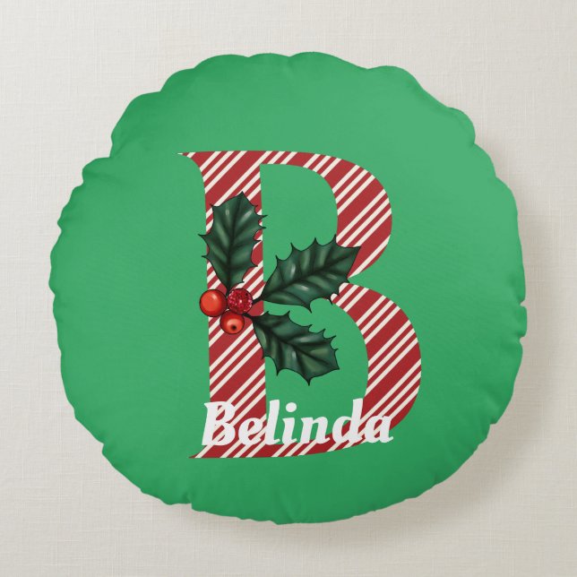 Candy Cane Stripe Letter B Large Christmas Round Cushion (Front)