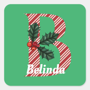 Candy Cane Stripe Letter B Large Christmas  Square Sticker