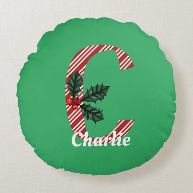 Candy Cane Stripe Letter C Large Christmas  Round Cushion (Front)