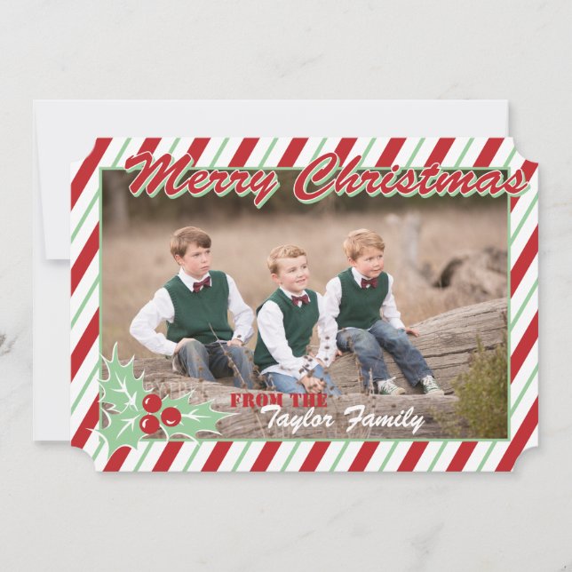 Candy Cane Stripe Personalise Christmas Photo Card (Front)