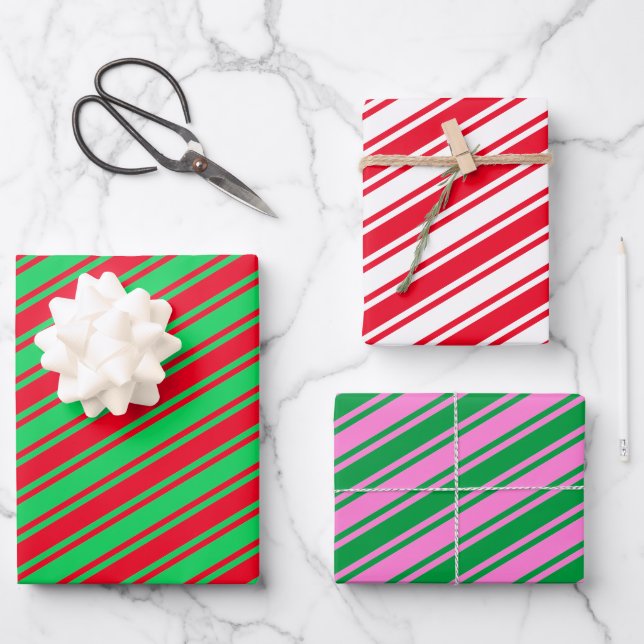 Candy Cane Stripe Red Green Pink Christmas Wrapping Paper Sheet (Front)