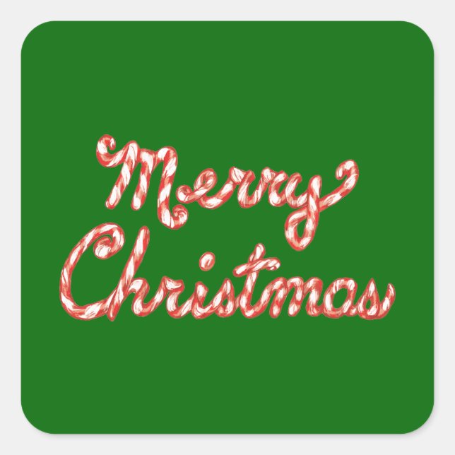 Candy Cane Striped Merry Christmas Square Sticker (Front)