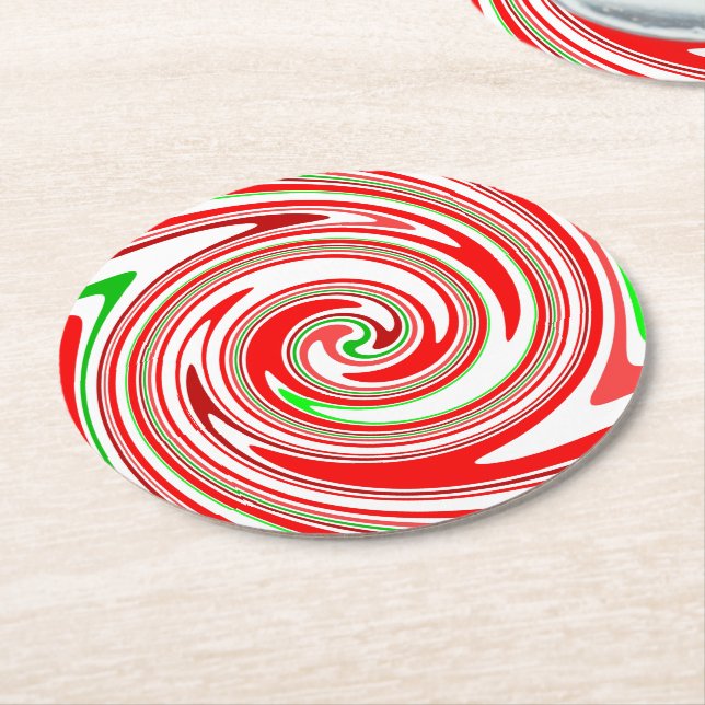 Candy Cane Stripes Christmas Red White Green Round Paper Coaster (Angled)