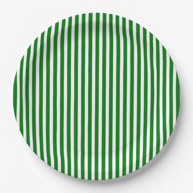 Candy Cane Stripes in Christmas Green & Snow White Paper Plate (Front)