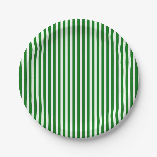 Candy Cane Stripes in Christmas Green & Snow White Paper Plate (Front)