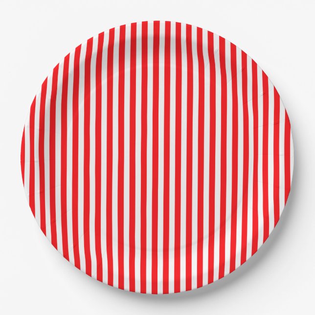 Candy Cane Stripes in Christmas Red and Snow White Paper Plate (Front)