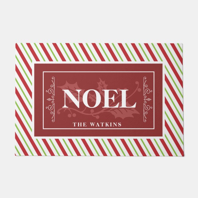 Candy Cane Stripes, NOEL, Personalised Doormat (Front)