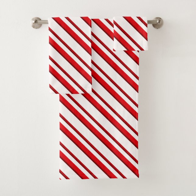 Candy Cane Stripes, peppermint red and white Bath Towel Set (Insitu)