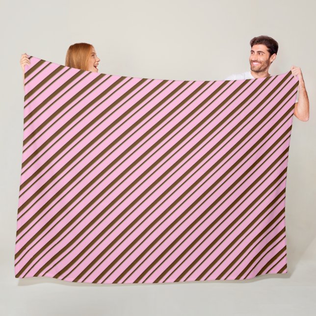 Candy Cane Stripes, pink and chocolate brown Fleece Blanket (In Situ)