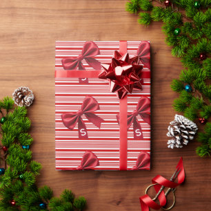 Candy Cane Stripes Red Bow Festive Christmas Wrapping Paper