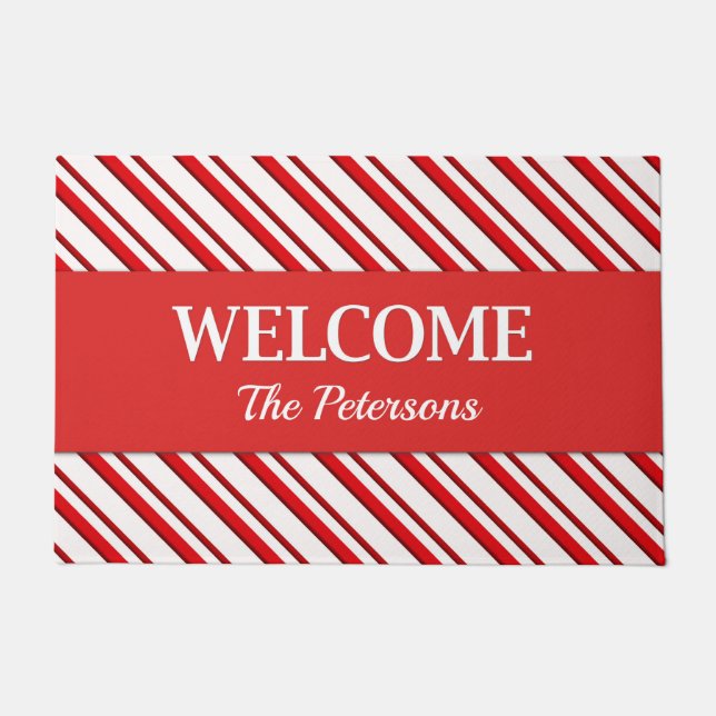 Candy Cane Stripes with Personalised Text  Doormat (Front)