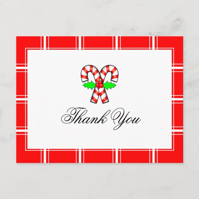 Candy Cane Thank You Red Christmas Postcard (Front)