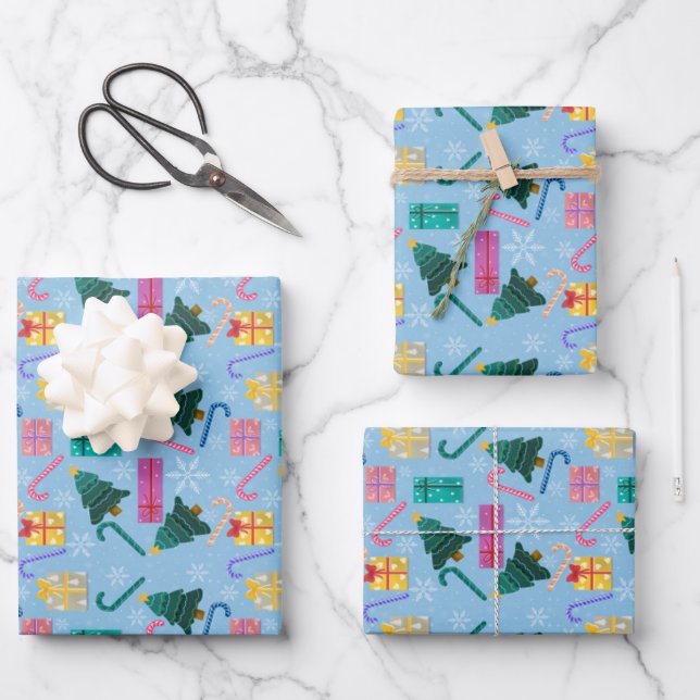 Candy cane, trees and presents wrapping paper  (Front)