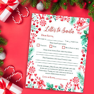 Candy Cane Watercolor Kids Letter to Santa