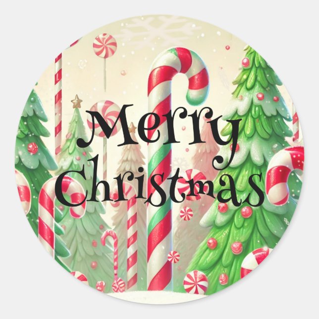 Candy Cane Winter Peppermint Forest Christmas  Classic Round Sticker (Front)