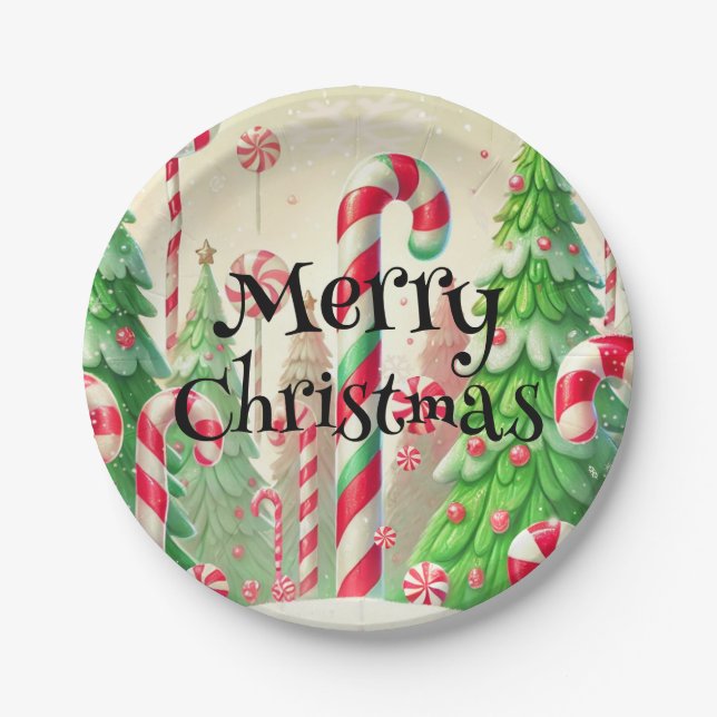 Candy Cane Winter Peppermint Forest Christmas  Paper Plate (Front)