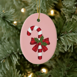 Candy Cane With A Bow And Christmas Holly On Pink Ceramic Tree Decoration