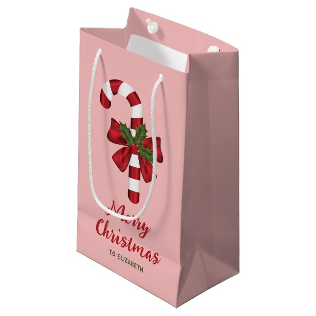 Candy Cane With A Bow And Christmas Holly On Pink Small Gift Bag (Front Angled)