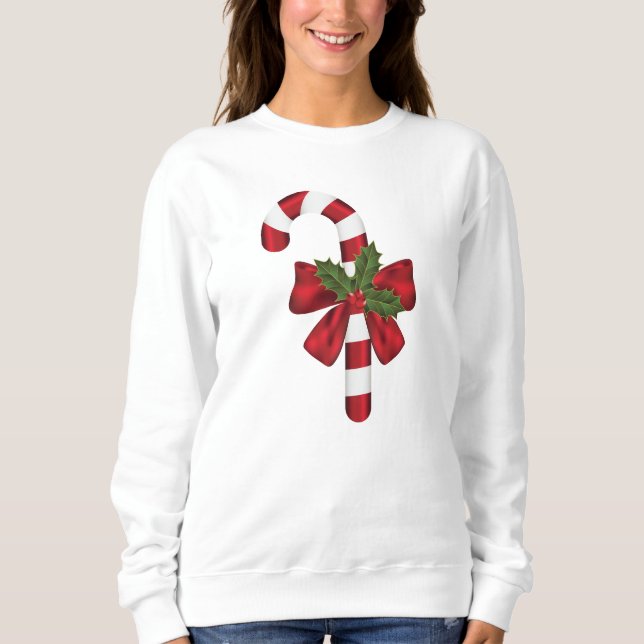 Candy Cane With A Bow And Christmas Holly Sweatshirt (Front)